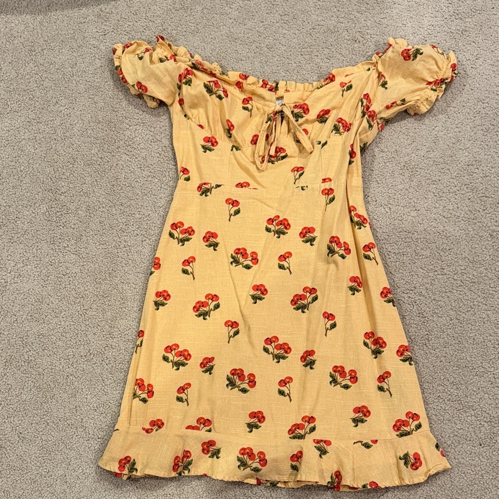 Urban Outfitters Yellow Cherry Print Off-Shoulder Dress